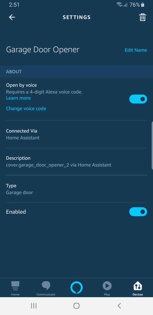 Screenshot: Alexa App Garage Door Open by voice