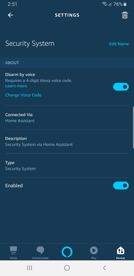 Screenshot: Alexa App Security System PIN