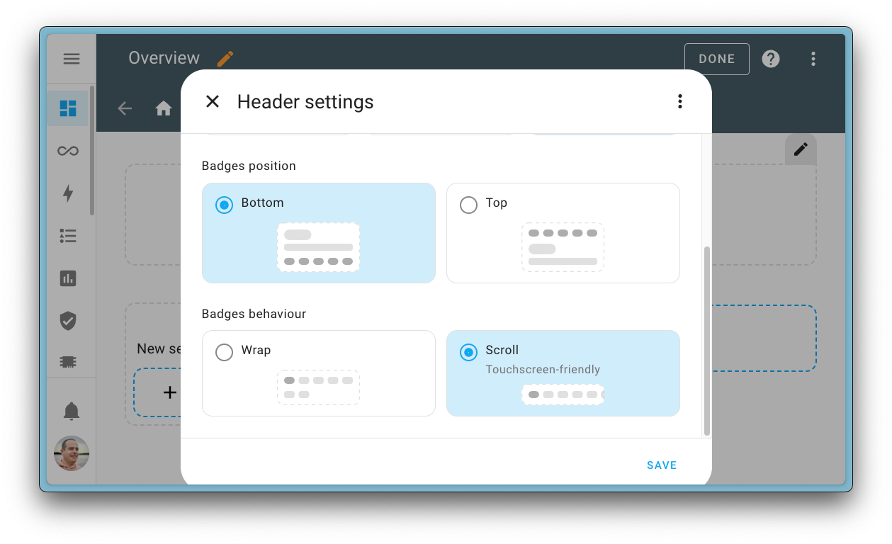 Screenshot showing the behavior options for the badges shown in the header of a dashboard view: Either scroll or wrap.
